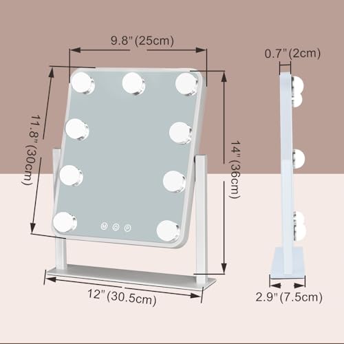 Hollywood Vanity Mirror with Lights,Tabletop Makeup Mirror with 9 LED Lights Smart Touch Control 3 Colors Light 360¡ÆRotation Detachable 10X Magnification