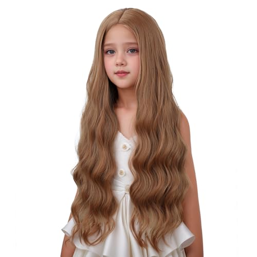 Edivd Girl Dark Orange Wavy Curly Wig Kids Long Synthetic Wigs with Cap