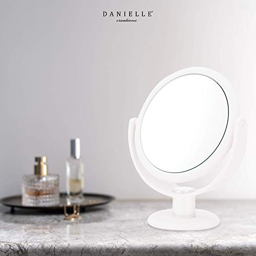 Danielle Creations 6.75-Inch Portable Double-Sided Makeup Mirror, 10x Magnification, No-Slip, 360° Rotation, 9.3" x 7.3" White