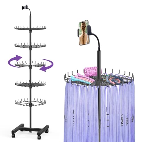 Braiding Hair Rack Standing, 140 Pegs Hair Extension Holder Stand on Wheels (61" Adjustable) with Phone Holder & 2 Mesh Trays, Metal H-Base Hair Stand for Salon, Home & Makeup Artists, Black