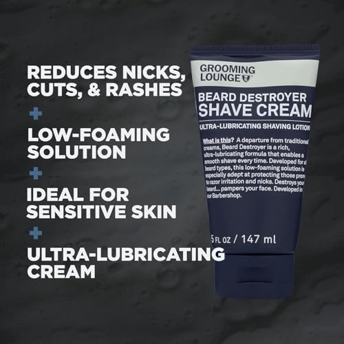 Grooming Lounge Beard Destroyer Shave Cream for Men - Bump, Irritation & Razor Burn Free Shaving Cream Sensitive Skin, Men Beard Care - Soft, Smooth, Easy Glide Low Shaving Foam Lather Formula - 5 Oz