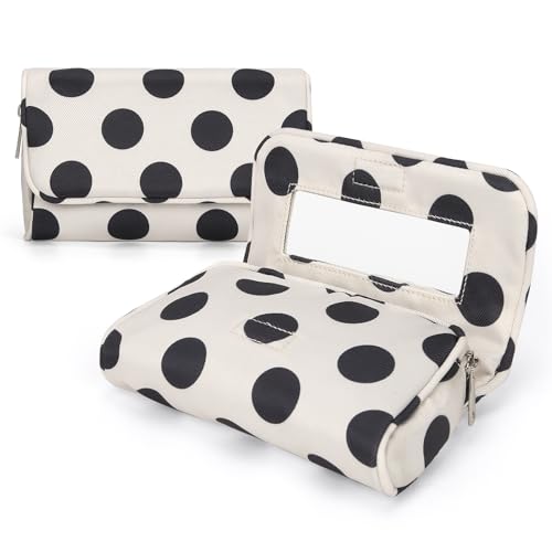 Women’s Nylon Makeup Bag with Built-In Mirror - Polka Dot Travel Organizer, Lightweight & Waterproof, White