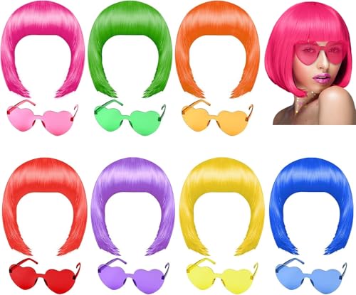 Multicolor Short Bob Wigs with Heart-Shaped Sunglasses 14-Piece Party Set