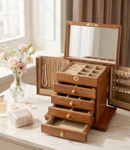 Wood Jewelry Box Organizer with Lockable Drawers & Mirror - 5 Compartments