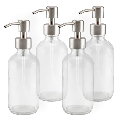 Clear Glass Lotion Pump Dispenser 8oz - 4 Pack | BPA-Free Pump Topper, Suitable for Soap & Lotion