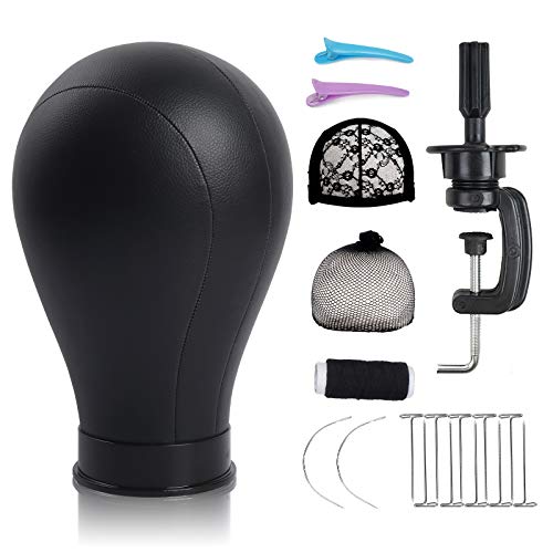 Bileaf 22 Inch Black Leather Canvas Mannequin Head with Stand for Wigs Making