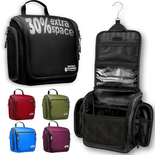 AvaJex Large Waterproof Travel Toiletry Bag Black - 15 Compartments, Hanging Organizer