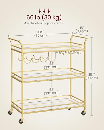 VASAGLE Gold Bar Cart with Mirrored Glass Shelves, 3-Tier Large Serving & Wine Storage