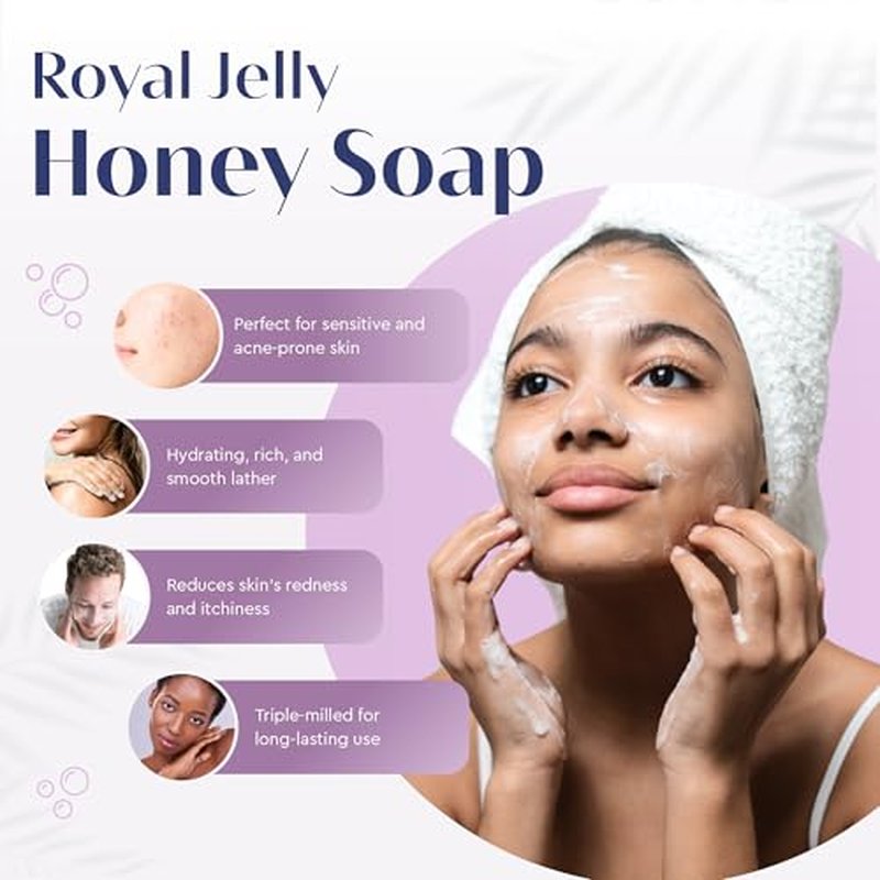 Baudelaire Royal Jelly Honey Soap Set - Luxurious Vegetable-Based Bars with 2% Honey, Hydrating Lanolin & Anti-aging Royal Jelly, Peach Blossom Scent - Spa Quality (Pack of 6)