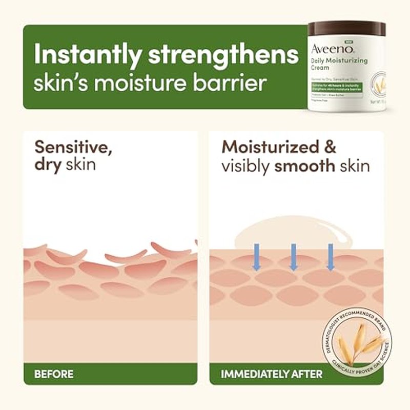 Aveeno Daily Moisturizing Cream with Prebiotic Oat & Shea Butter for Body,Face & Hands Moisturizer Cream,Hydrates Normal to Dry,Sensitive Skin,Fragrance Free,Non-Comedogenic,20 oz,(Pack of 2)