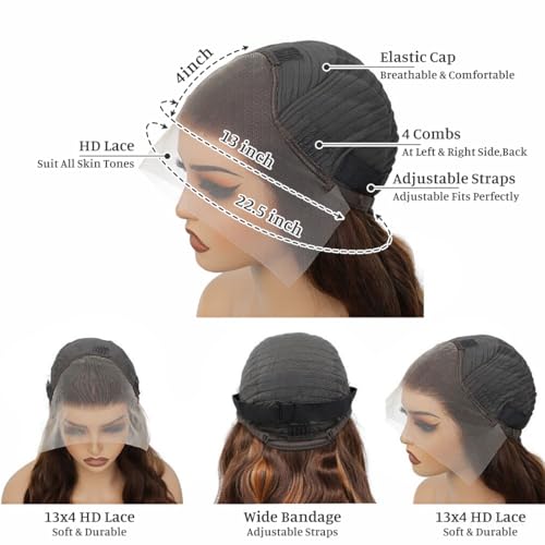 26 Inch Honey Blonde Highlight Human Hair Body Wave Lace Front Wig - 180% Density, 13x4 HD Transparent Lace, P4/27 Variation