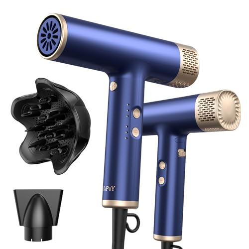 YAPOY US-Size Blue Professional Ionic Hair Dryer with Diffuser, Fast Drying
