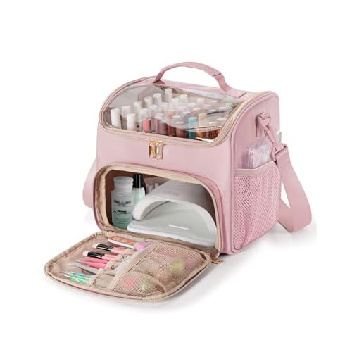 Nail Polish Organizer Bag Holds 42 Bottles(15ml/0.5 fl.oz), Double Layer Nail Storage Case for Gel Polish and Manicure Tools, Travel Nail Bag, Pink