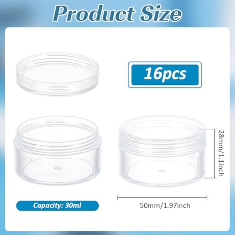 BENECREAT 16 Pack 1.97"x1.1" (30ml) Empty Clear Plastic Bead Storage Container jar with Rounded Screw-Top Lids for Beads, Nail Art, Glitter, Make Up, Cosmetics and Travel Cream