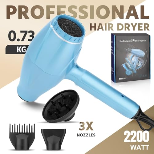 2200W Professional Hair Dryer & Flat Iron Set for Styling - Ionic, Low Noise, Multiple Attachments
