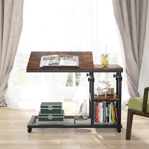 Height Adjustable C-Shaped Snack Side Table with Wheels - Rustic Brown