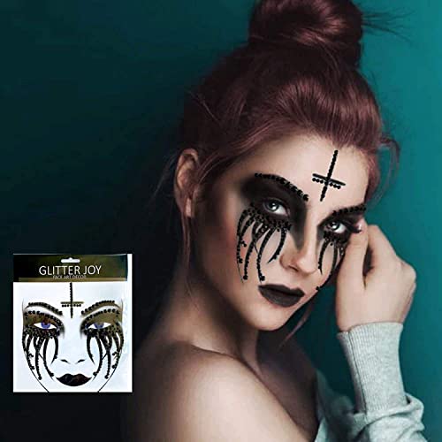 Saturey Halloween Nun Costume Accessories Set, with Nun Temporary Rhinestone Temporary Face Tattoo for Halloween Festival Rave Party Outfit for Halloween Cosplay Party, black, M