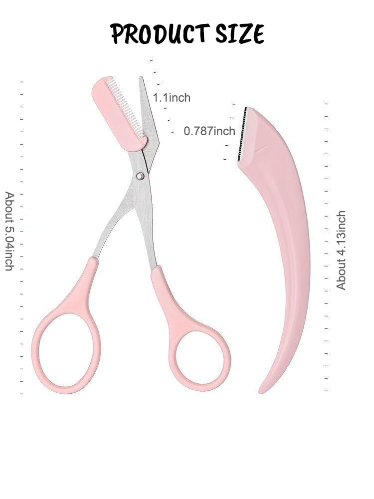 Pink Eyebrow Trimmer Set, 2 Pcs Crescent Shaped Eyebrow Trimmer and 1 Pc Scissors, Novice Eyebrow Scraper