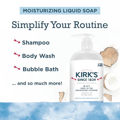 Kirk's 3-in-1 Fresh Nourishing Body Wash, Shampoo & Bubble Bath - 32 Fl Oz Pack of 2 - Coconut & Aloe Vera