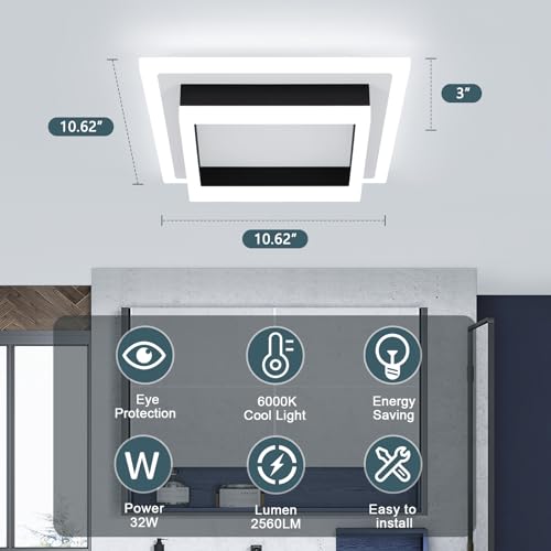 LED Ceiling Light Fixture 32W Modern Flush Mount Square Kitchen & Hallway Lighting - White & Black 3 Pack