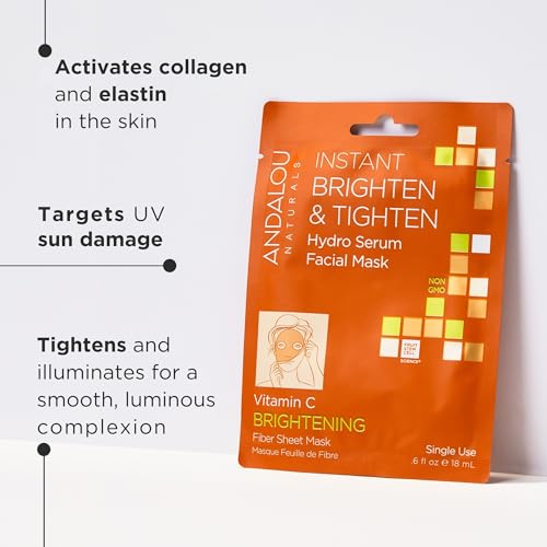 Andalou Naturals Instant Brighten and Tighten Hydro Serum Facial Mask, Single Face Mask, 0.6 Ounce (Pack of 6)