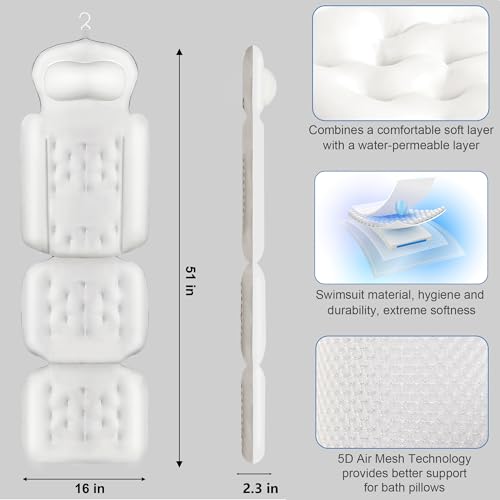 Naposeuo 51x16 Inch Full Body Bath Pillow with Mesh Laundry Bag - White, 5D Air Mesh, Quick Drying, Non-Slip Support Cushion