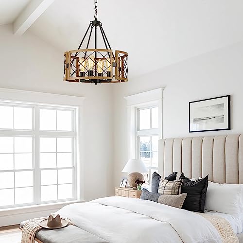 Farmhouse Chandelier Pendant Light Fixture - 4-Light Adjustable Vintage Pendant for Dining & Entryway - Dark Oak & Black