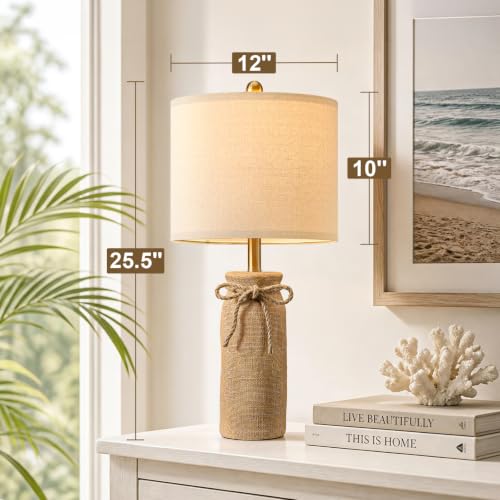 BOBOMOMO Burlap Beige 25.5" Boho Resin Woven Table Lamps Set of 2 for Bedroom & Living Room