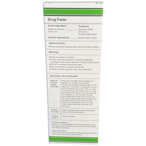 Gingi Med Mint Flavored .63% stannous Fluoride Dental Rinse, 10 Ounce Bottle. Indicated for Patients with Tooth Decay, Sensitivity, or gingival Bleeding.