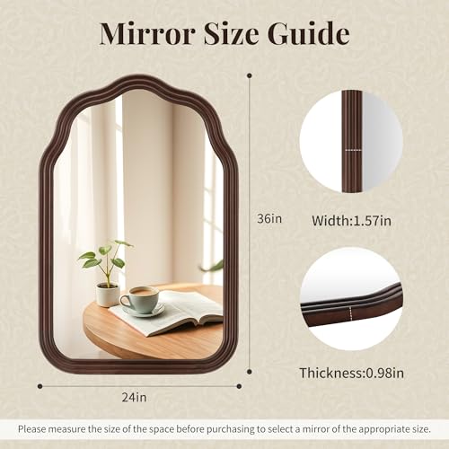 36 Inch Wavy Arch Wooden Bathroom Mirror - Rustic Wall Decor, Dark Brown