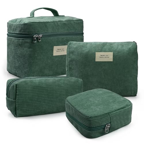 LVWNM Green 4-Piece Corduroy Makeup Bag Set for Women, Travel & Organizer