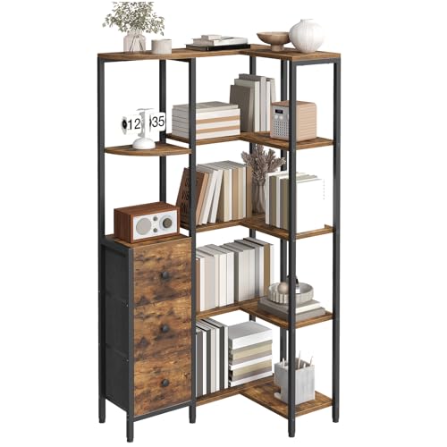 Corner Bookshelf 5-Tier L-Shaped Bookcase with 3 Fabric Drawers - Rustic Brown & Black