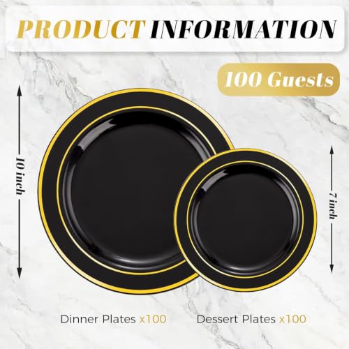 Black and Gold Disposable Plastic Plates Set for Parties - Heavy Duty, 200 Pieces - Halloween, Wedding, Birthday