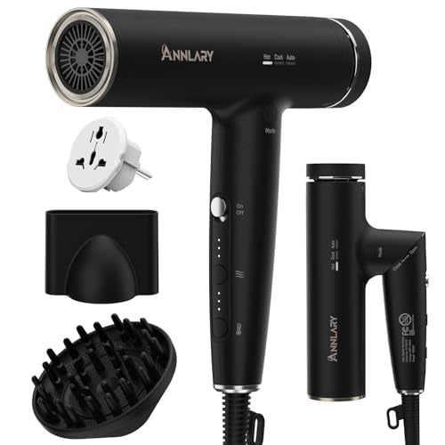ANNLARY Matte Black Dual Voltage Travel Hair Dryer with Diffuser & Ionic Technology
