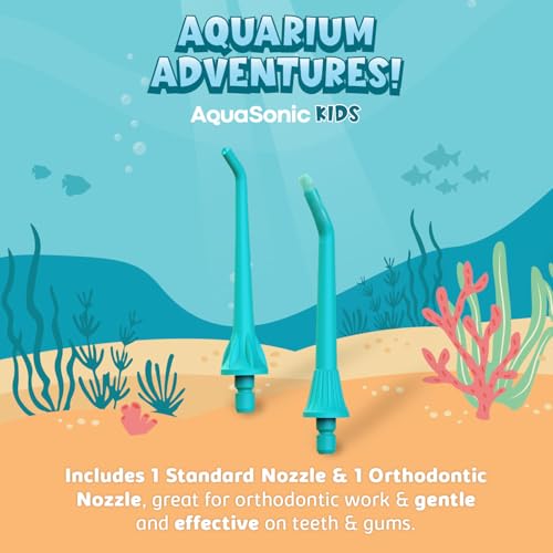 Aquasonic Kids Water Flosser Blue for Ages 6+ with Nozzles & Waterproof Stickers