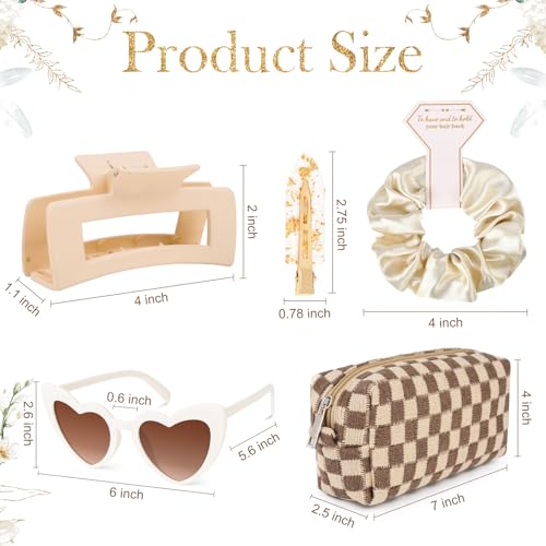 6 Sets Bridesmaid Proposal Gift Set with Hair Clips Scrunchies Sunglasses & Makeup Bag - Brown Checkered