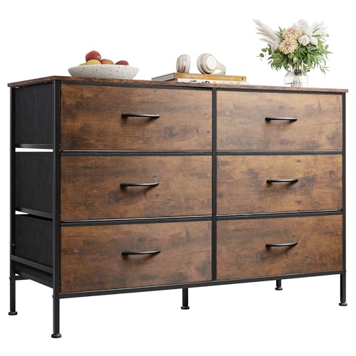 WLIVE Rustic Brown Dresser with 6 Fabric Drawers, 42.3" TV Console Storage