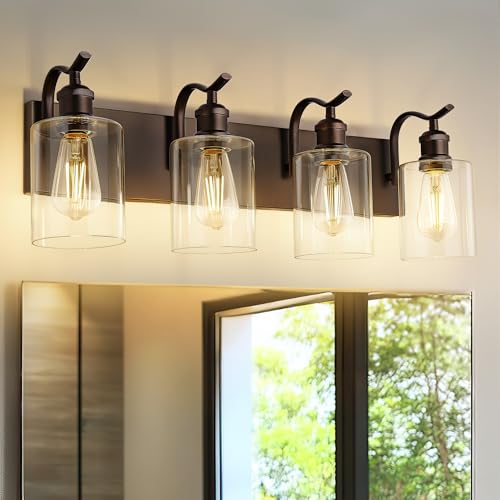 Oil Rubbed Bronze 4-Light Bathroom Vanity Light with Clear Glass Shades - 27 Inch