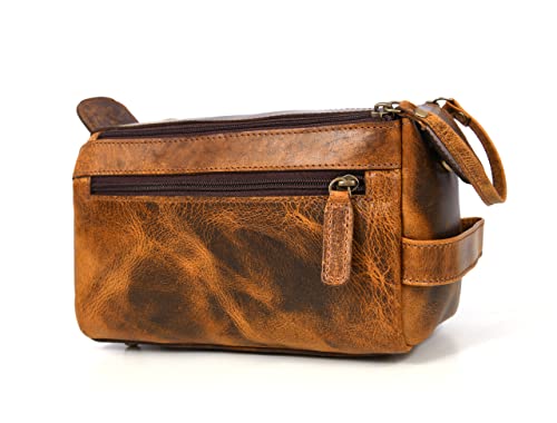 Leather Toiletry Bag for Men 9 Inch Raven Tan Travel Organizer Waterproof Lining