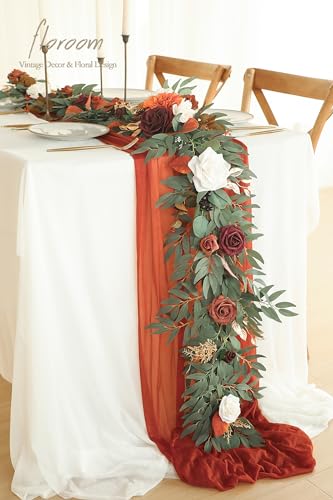 Artificial Eucalyptus Garland 6ft with Flowers Sunset Terracotta Faux Floral Vine for Wedding & Home Decor