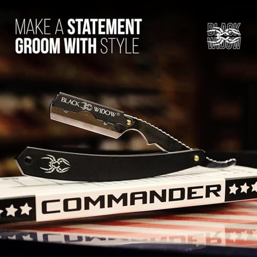 Black Widow Professional Barber Straight Edge Razor - Black, 1.5mm Blade Exposure, Stainless Steel & Chrome, 10 Double Edge Blades