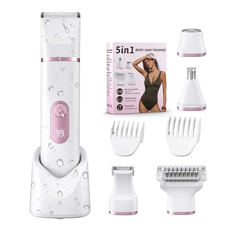 5-in-1 Bikini Trimmer for Women: IPX7 Waterproof Electric Razor Shaver for Silk Skin, Easy Cleaning, 5 Head, Rechargeable Body Hair Removal, LED Display, Ceramic Blade, Gifts for Her