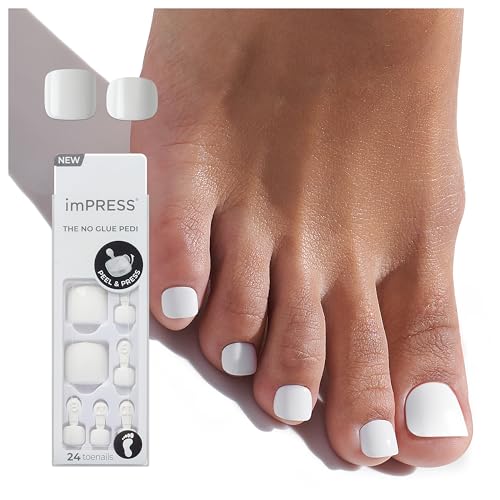 KISS imPRESS Pedicure Press On Toenails, 'Angel Vibes', White, Short Squoval, Pedicure Nail Kit Includes 24 Press On Toenails, Prep Pad, Mini Nail File, & Pedicure Stick