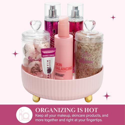 Paris Hilton 360¡Æ Rotating Makeup Organizer Tray, Large Capacity for Skincare & Beauty Essentials, Fluted Design with Gold Accents, 8.75-Inch, Pink