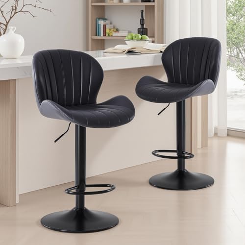 Sweetcrispy Black Set of 2 Adjustable Swivel Bar Stools - Fabric Counter Height Chairs