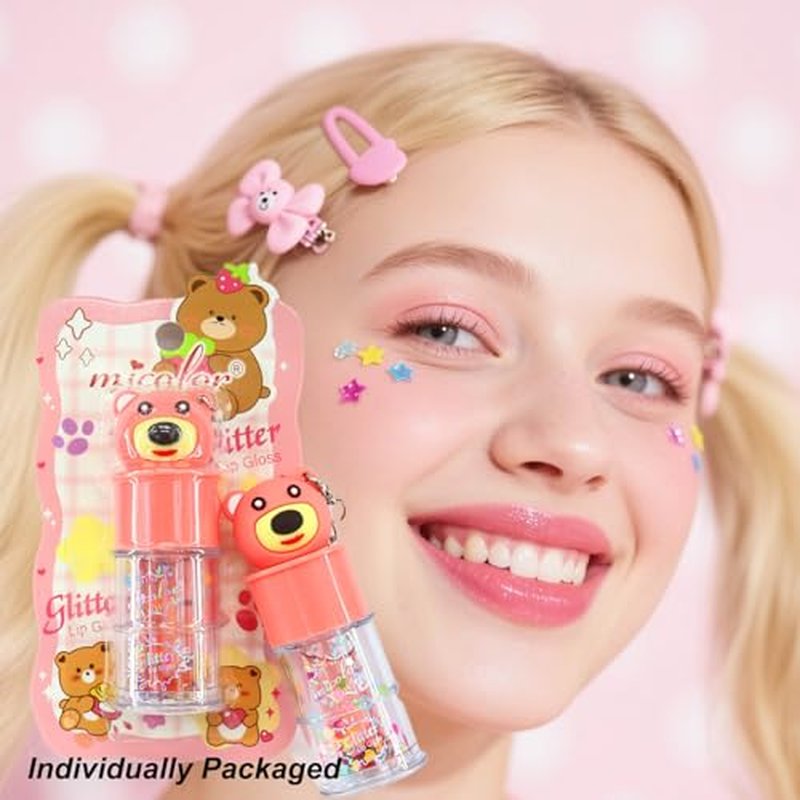6 Pcs Hydrating Lip Gloss Set, Shimmer Glossy Moisturizing Lip Jelly Sequins and Sparkles Lip Make-Up for Women Party Gift Cute Bear Keychain Design