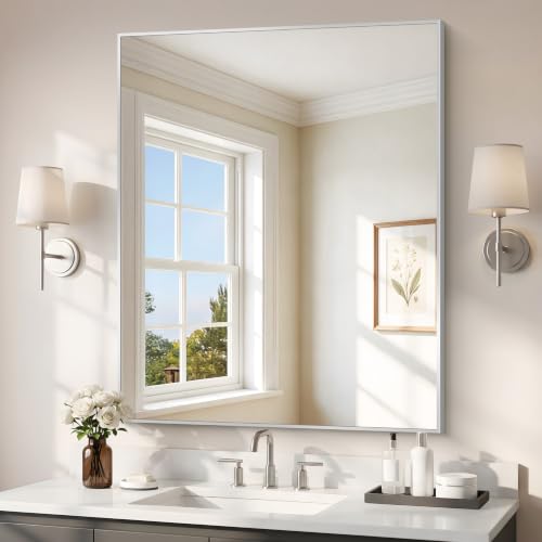 COFENY Silver Bathroom Mirror 36x30 Inch Rectangle Wall Mirror with Metal Frame, Modern Vanity for Bathroom & Entryway - Horizontal or Vertical Hanging
