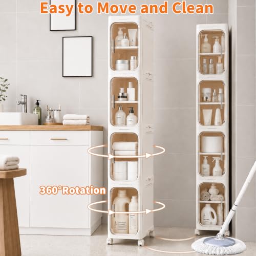 AntStep 4-Tier Slim Bathroom Storage Cabinet - Tall Narrow Organizer with Wheels, Adjustable Shelves, Cream White