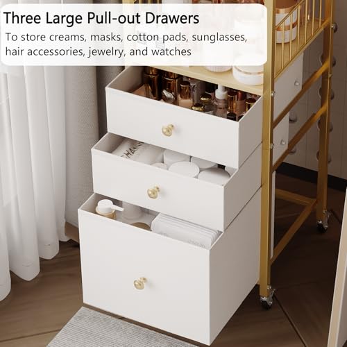 Gold Makeup Organizer Cart with Drawers & Shelves for Vanity
