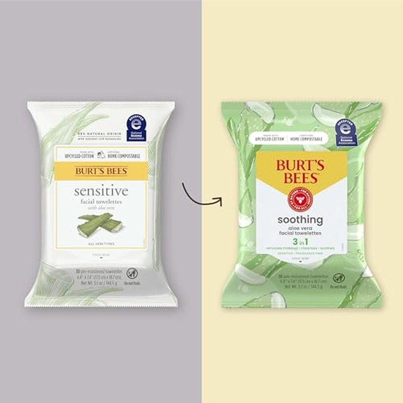 Burt's Bees, Aloe Vera Face Wipes, for Sensitive Skin, Soothing Makeup Remover & Facial Cleansing Towelettes, 30 Count (1 Pack)